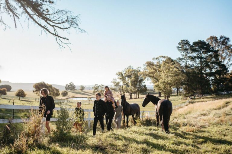 a family walks in a paddock with horses