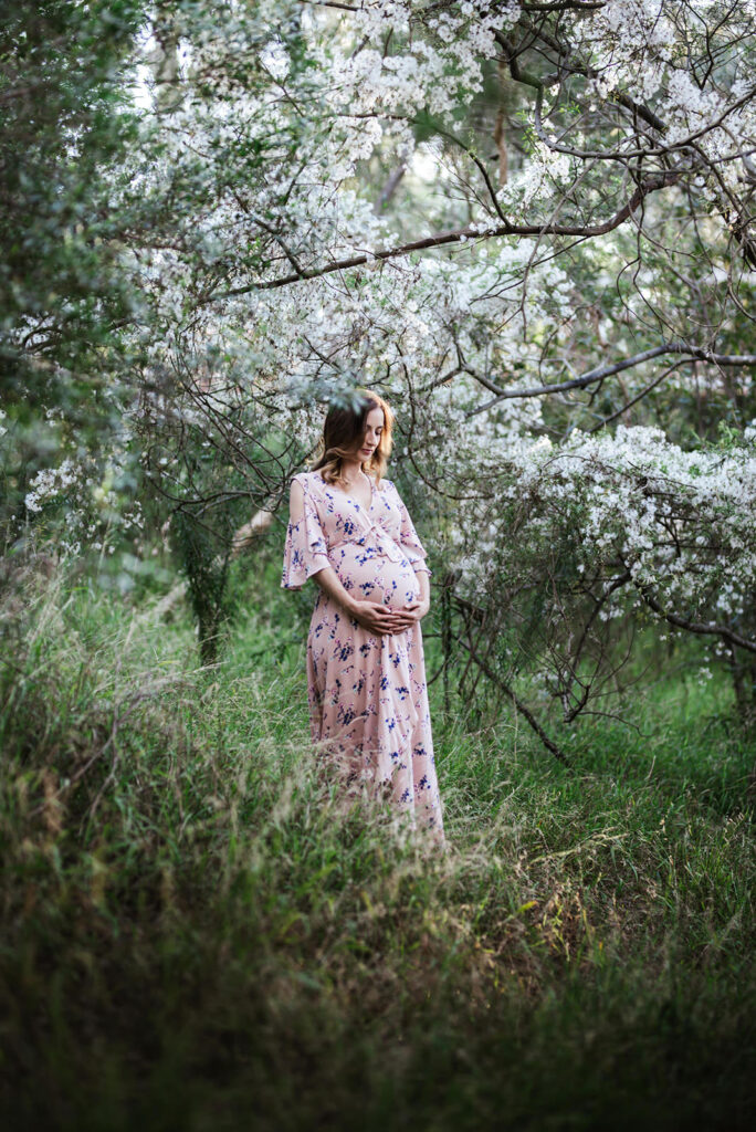 Spring maternity photos of a woman in blossoms